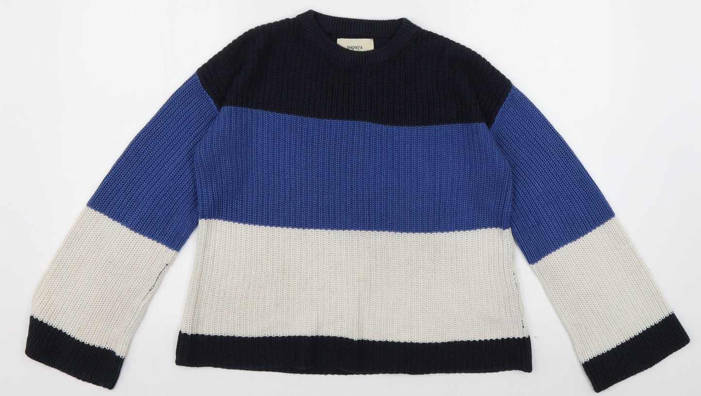 Matalan Womens Blue Crew Neck Striped Acrylic Pullover Jumper Size S