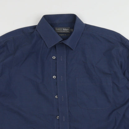 Preloved Marks and Spencer Mens Blue  Cotton  Button-Up Size 16 Collared Button - Detail