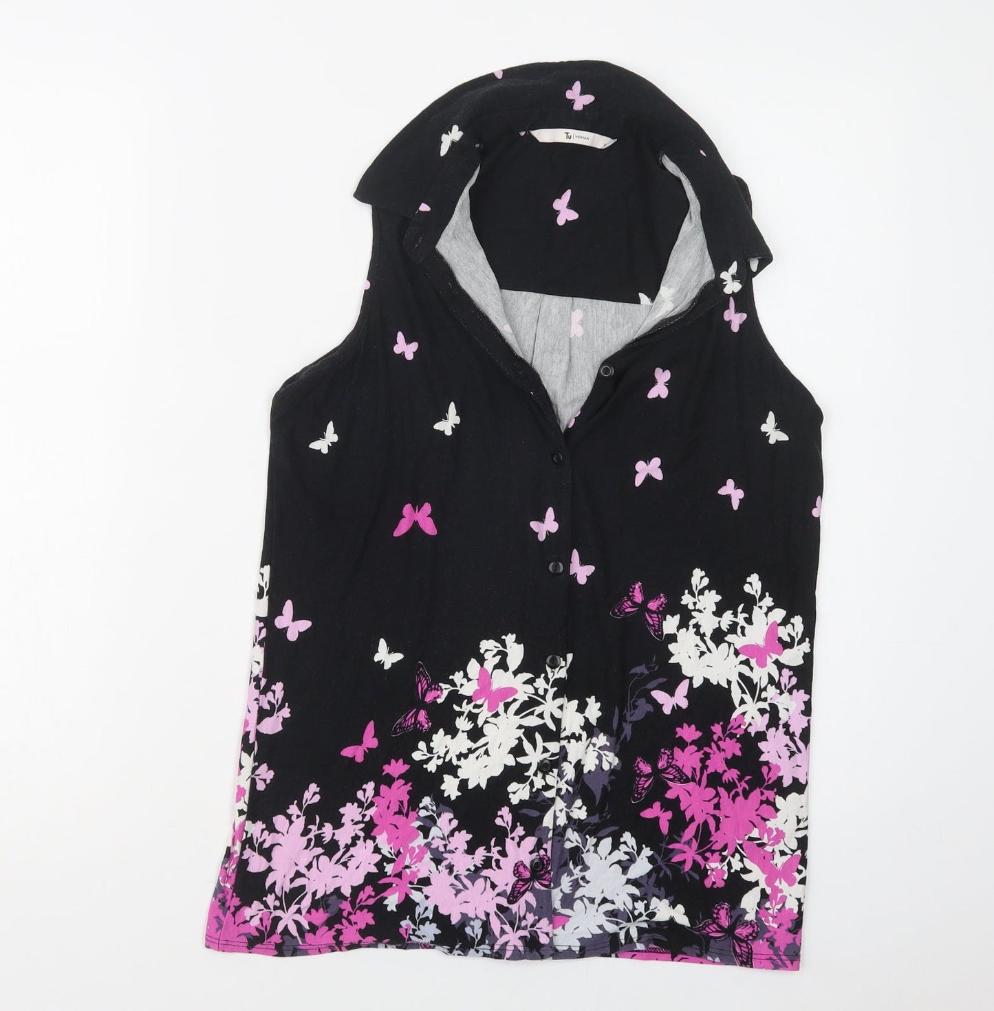 TU Womens Black  Viscose Basic Blouse Size 10 Collared - Butterfly Print