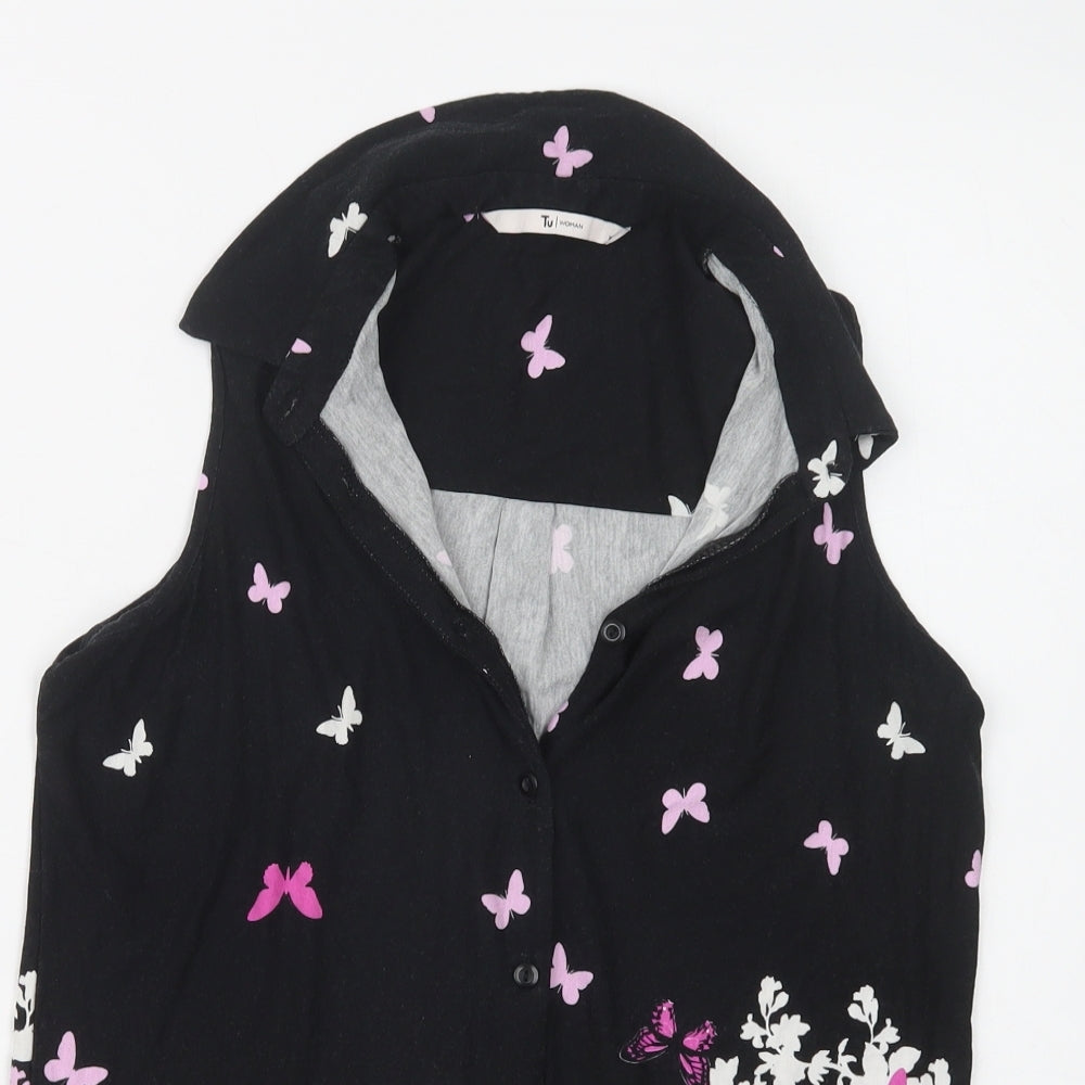 TU Womens Black  Viscose Basic Blouse Size 10 Collared - Butterfly Print