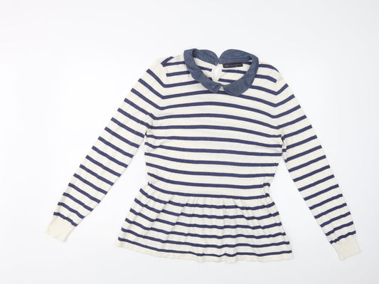 M&S Womens White Collared Striped Viscose Pullover Jumper Size 16