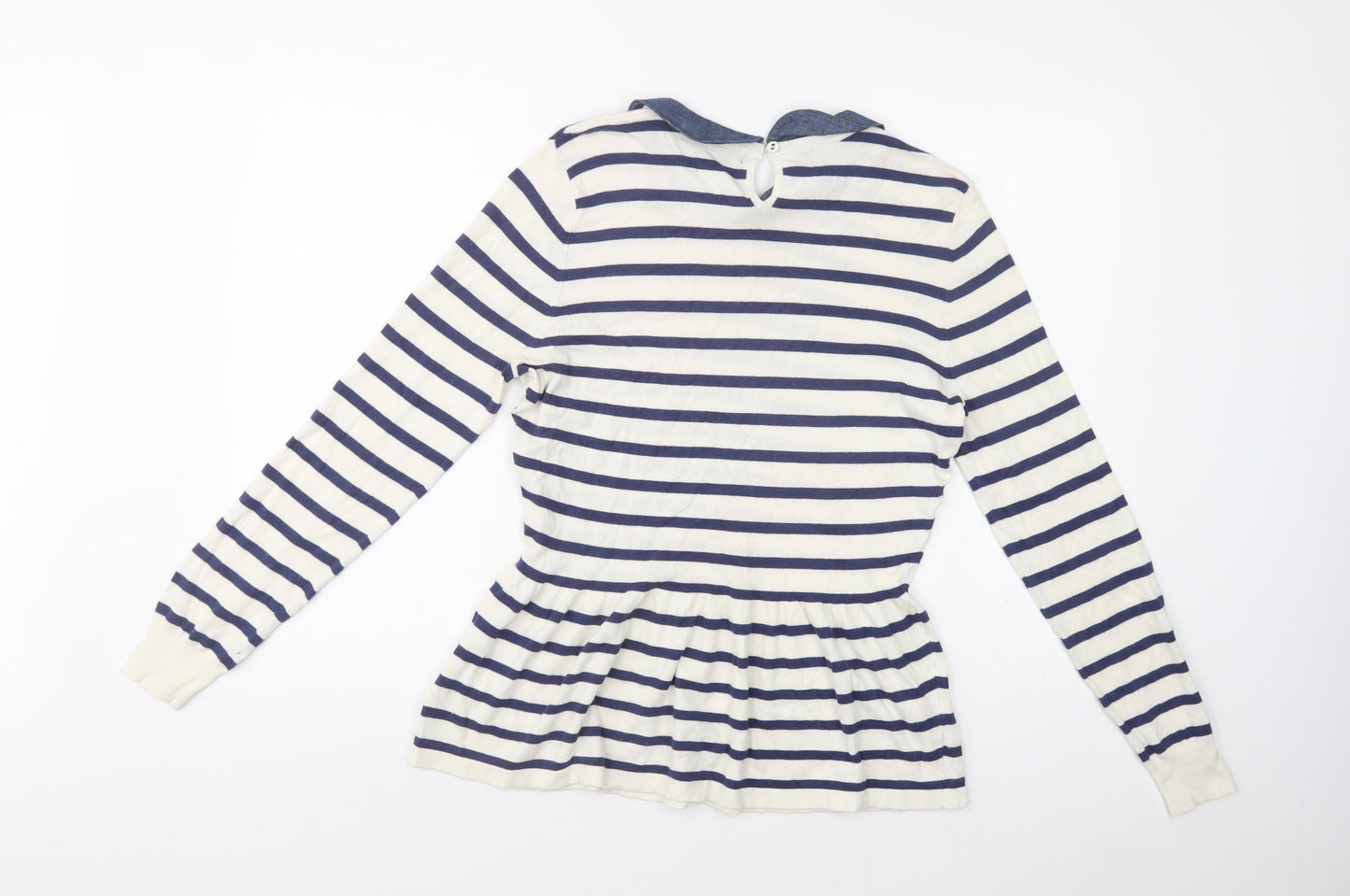 M&S Womens White Collared Striped Viscose Pullover Jumper Size 16