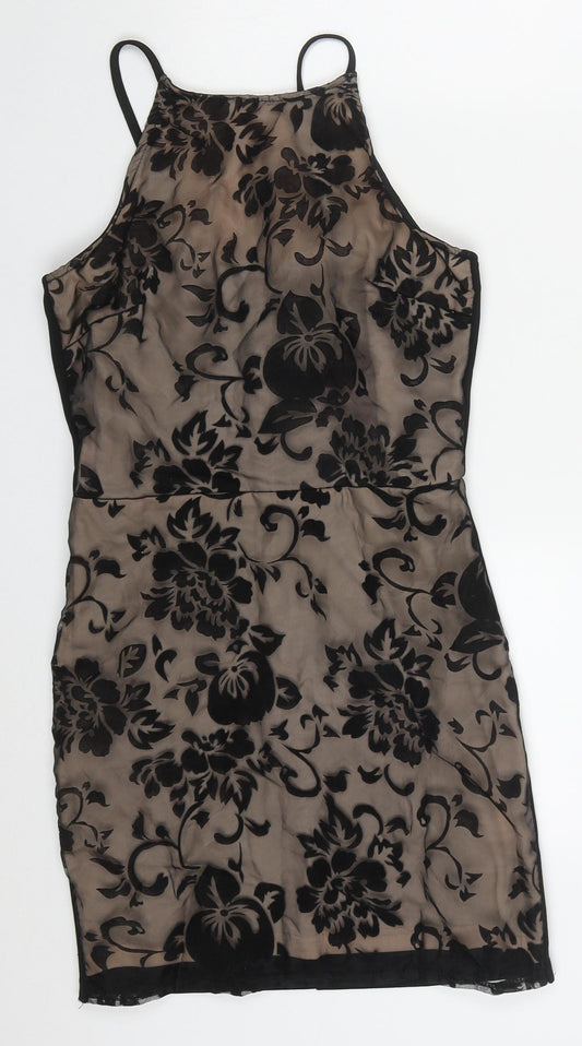 Parisian Womens Black Floral Polyester Mini  Size 8  Round Neck Zip
