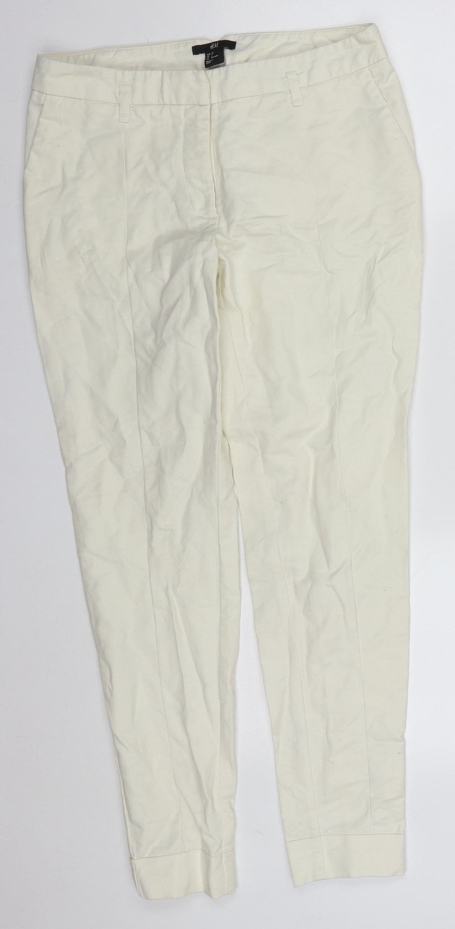 H&M Womens White  Cotton Trousers  Size 8 L28 in Regular Hook & Eye