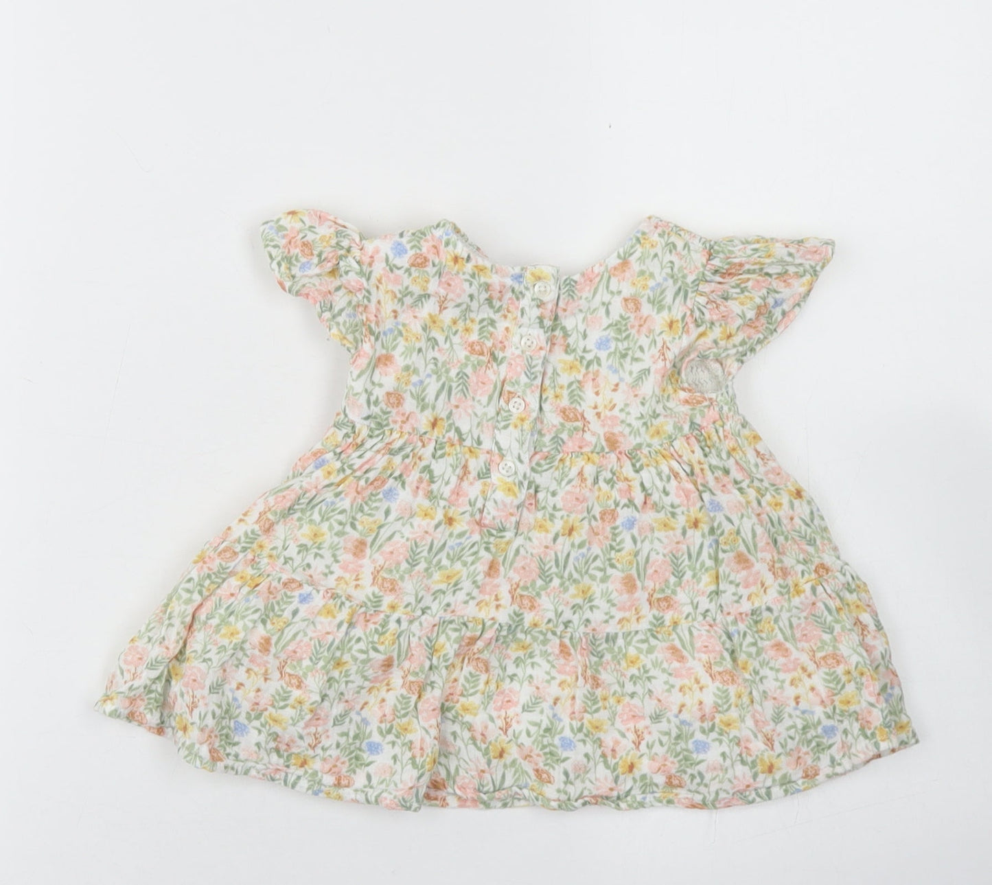 Primark Girls Green Floral Cotton Skater Dress  Size 6-9 Months  Crew Neck Button