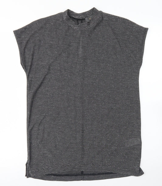 NEXT Womens Silver Striped Polyester Basic T-Shirt Size 6 Crew Neck