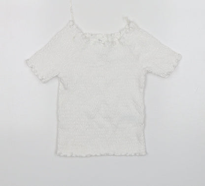 Next Girls White  Cotton Basic T-Shirt Size 7 Years Round Neck