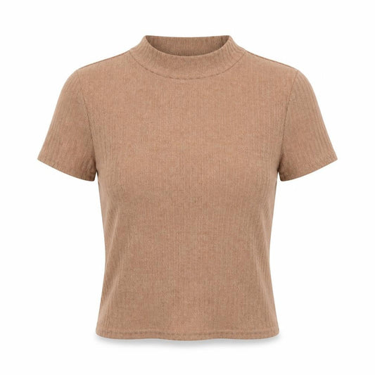 hsien Womens Brown  Polyester Cropped T-Shirt Size S Crew Neck