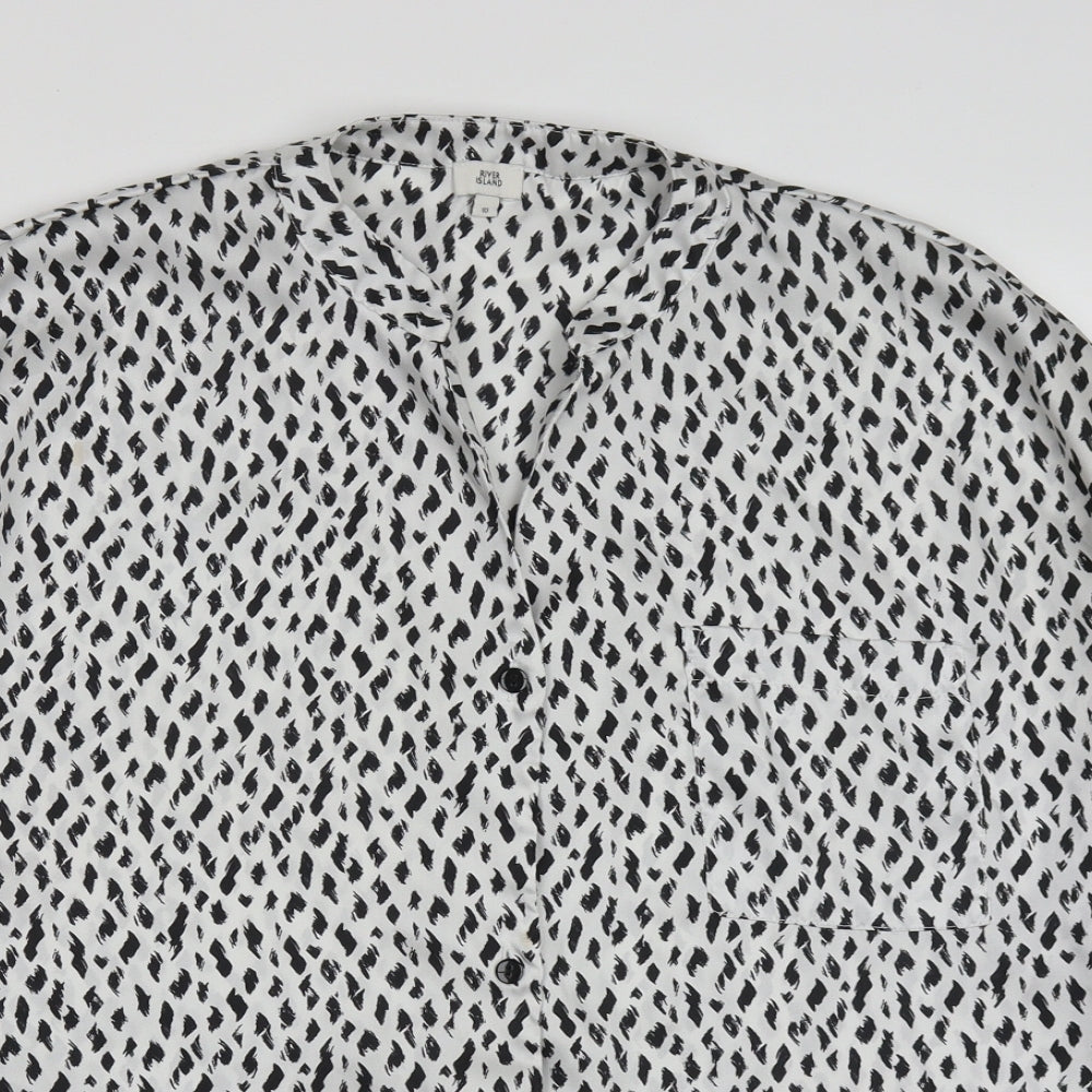 River Island Womens White Geometric Polyester Basic Button-Up Size 10 V-Neck - Black and White