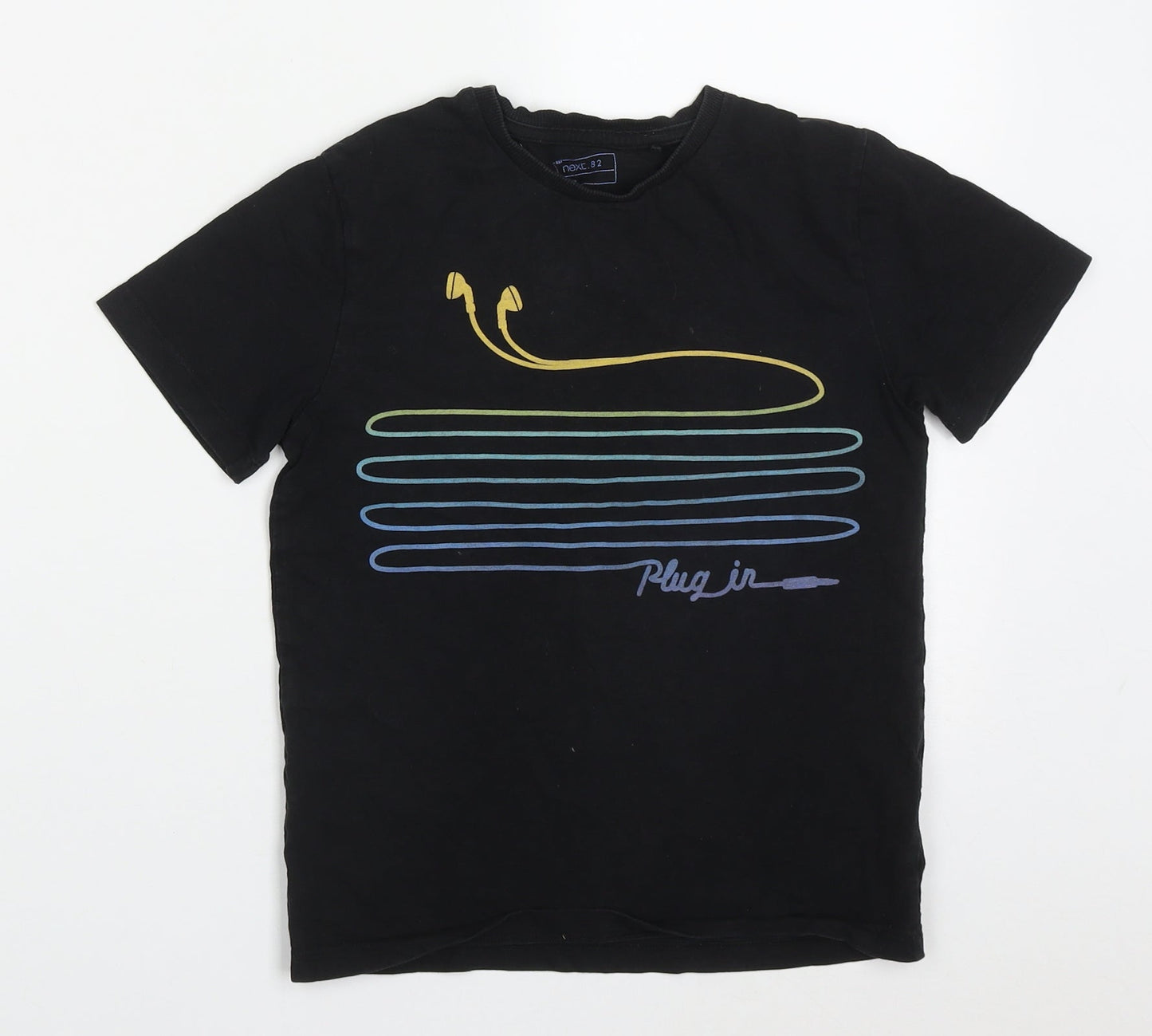 NEXT Boys Black  Cotton Basic T-Shirt Size 8 Years Crew Neck Pullover - Plug In