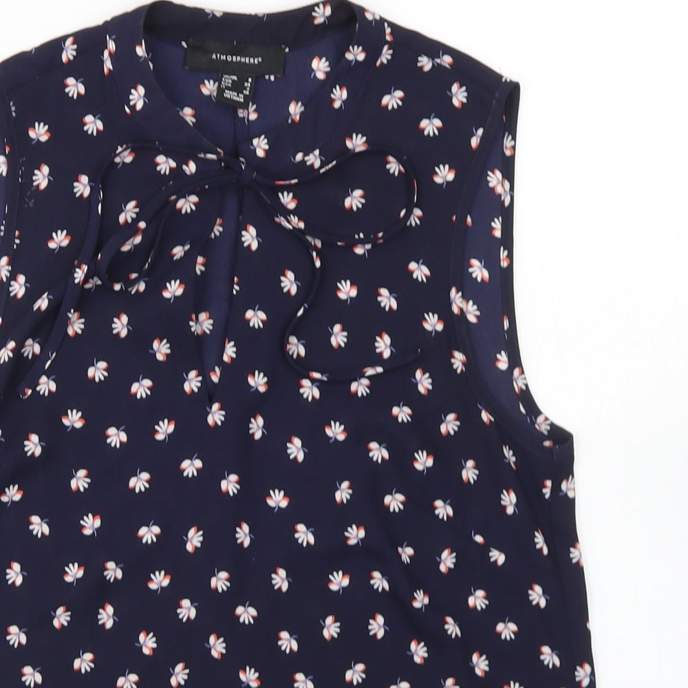 Atmosphere Womens Blue Floral Polyester Basic Blouse Size 6 Round Neck