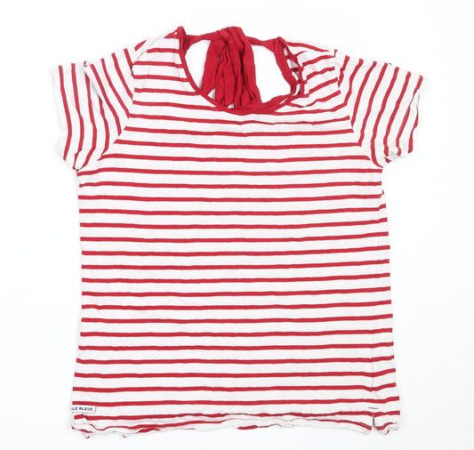 Voile Bleue Womens White Striped Cotton Basic T-Shirt Size L Round Neck