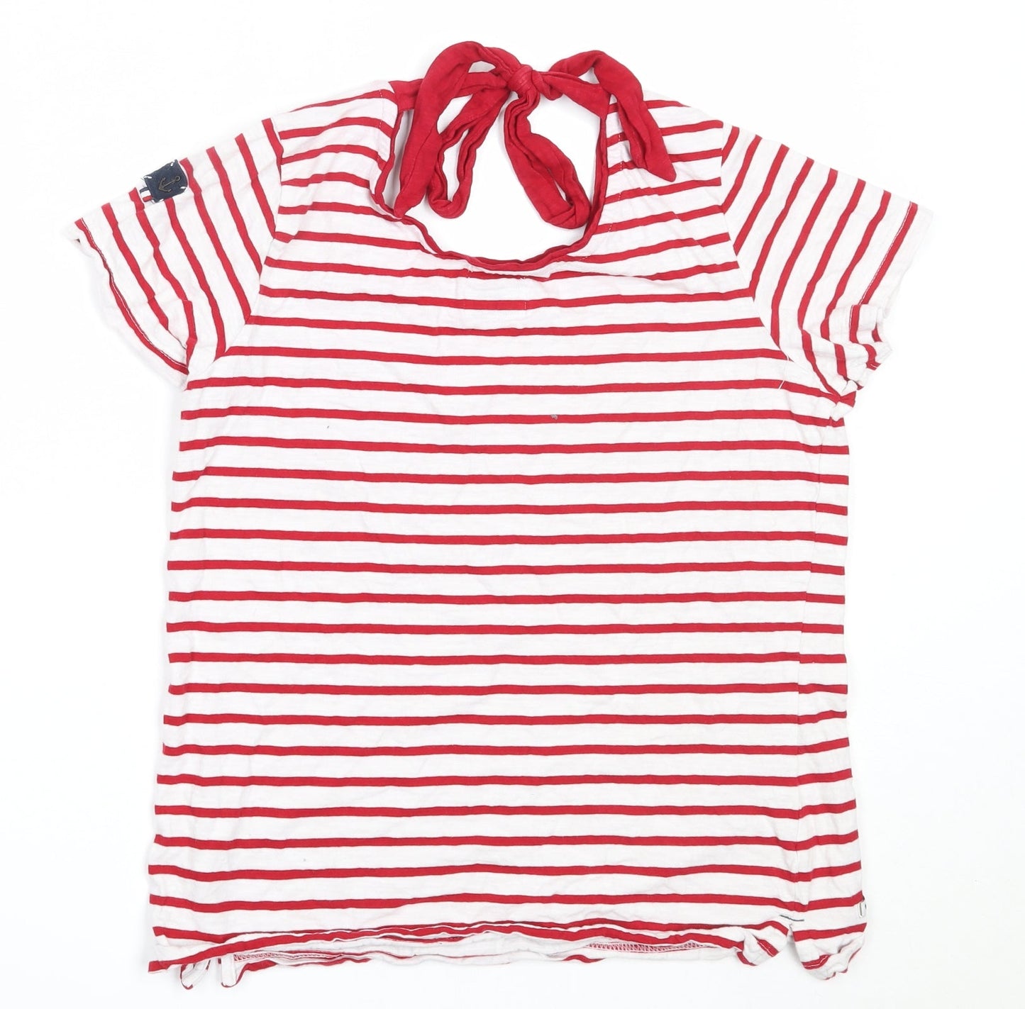 Voile Bleue Womens White Striped Cotton Basic T-Shirt Size L Round Neck