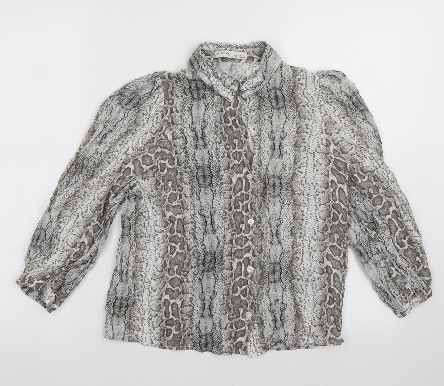 Pull&Bear Womens Grey Animal Print Viscose Basic Button-Up Size S Collared