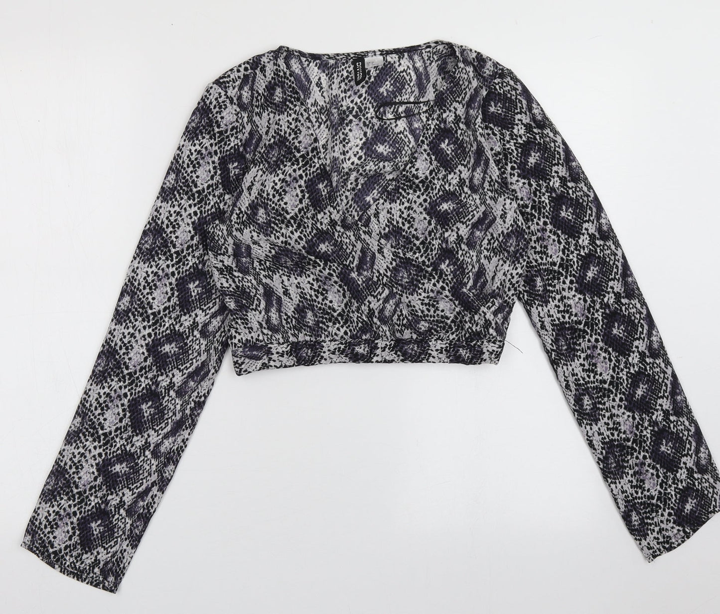 H&M Womens Purple Animal Print Polyester Cropped Blouse Size 4 V-Neck