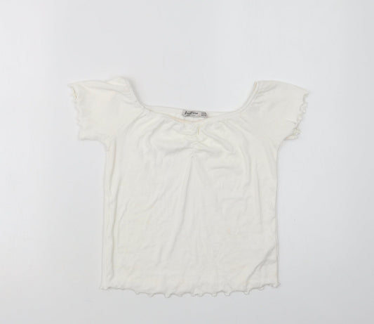 Stradivarius Womens White  Viscose Cropped Blouse Size L Round Neck