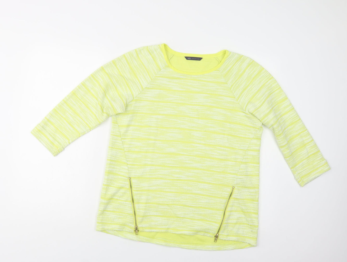 M&S Womens Yellow Crew Neck Striped Polyester Pullover Jumper Size 14