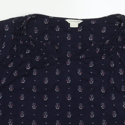Preloved Monsoon Womens Blue Geometric Polyester Basic T-Shirt Size 10 V-Neck - Detail