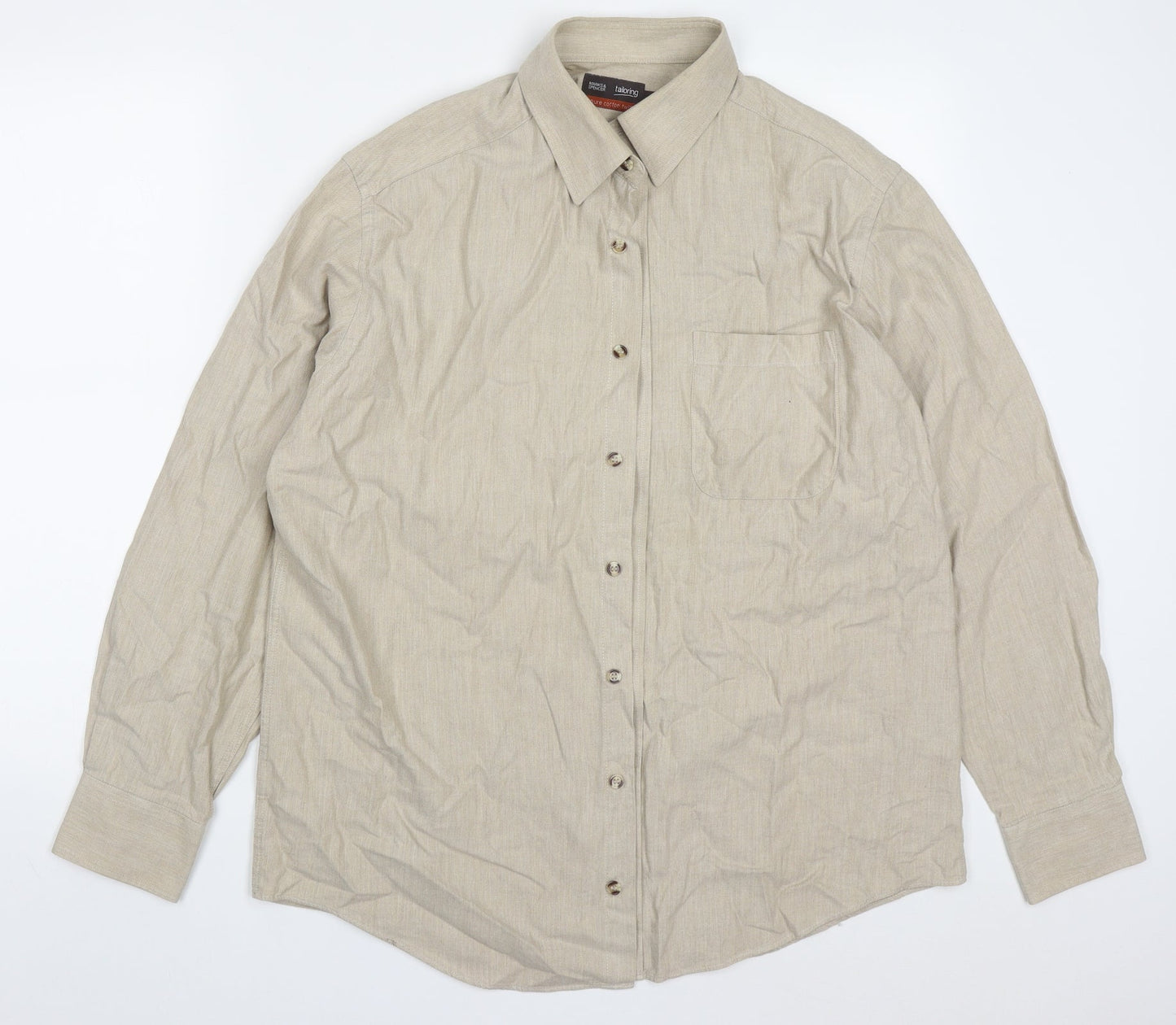Marks and Spencer Mens Beige  Cotton  Button-Up Size 16 Collared Button