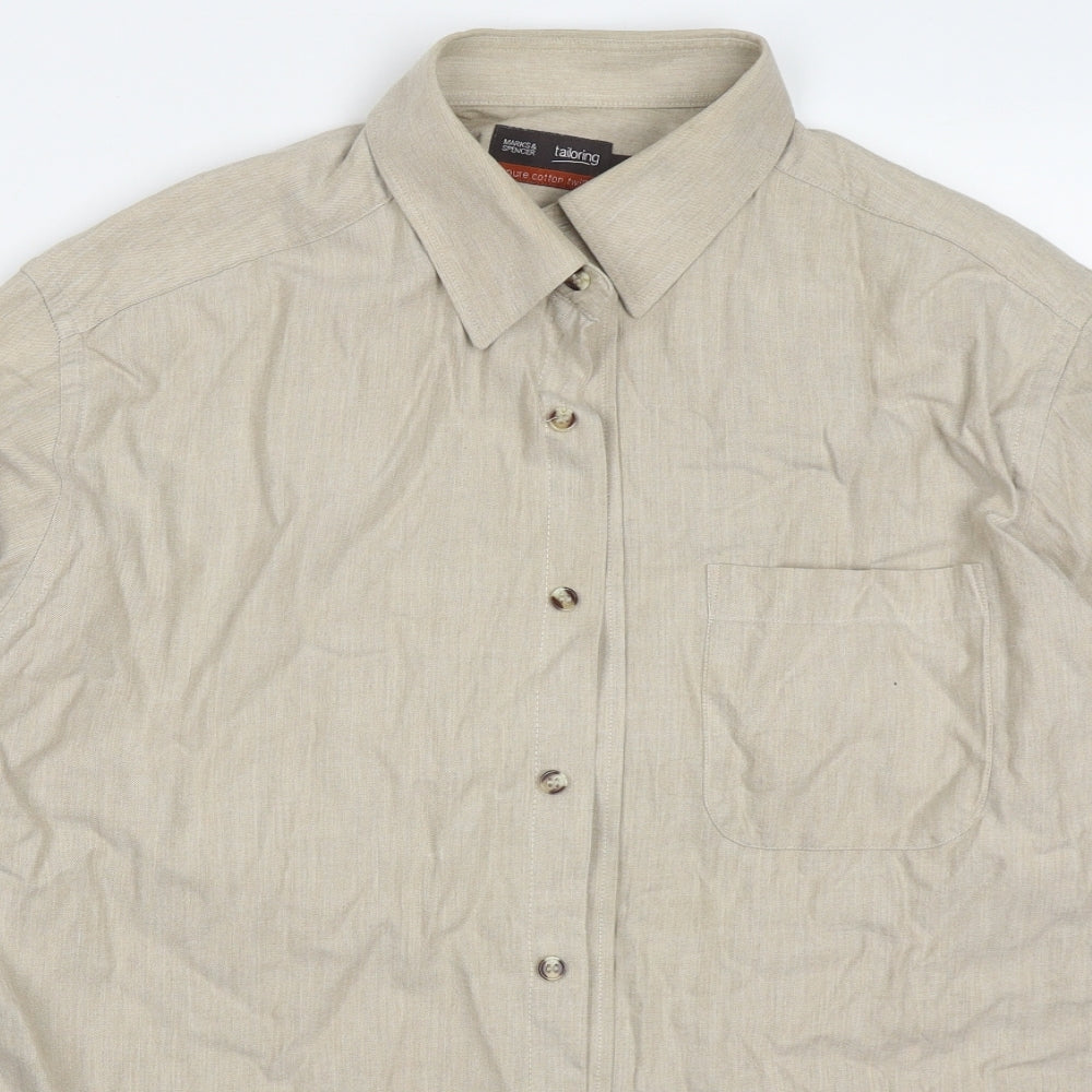 Marks and Spencer Mens Beige  Cotton  Button-Up Size 16 Collared Button