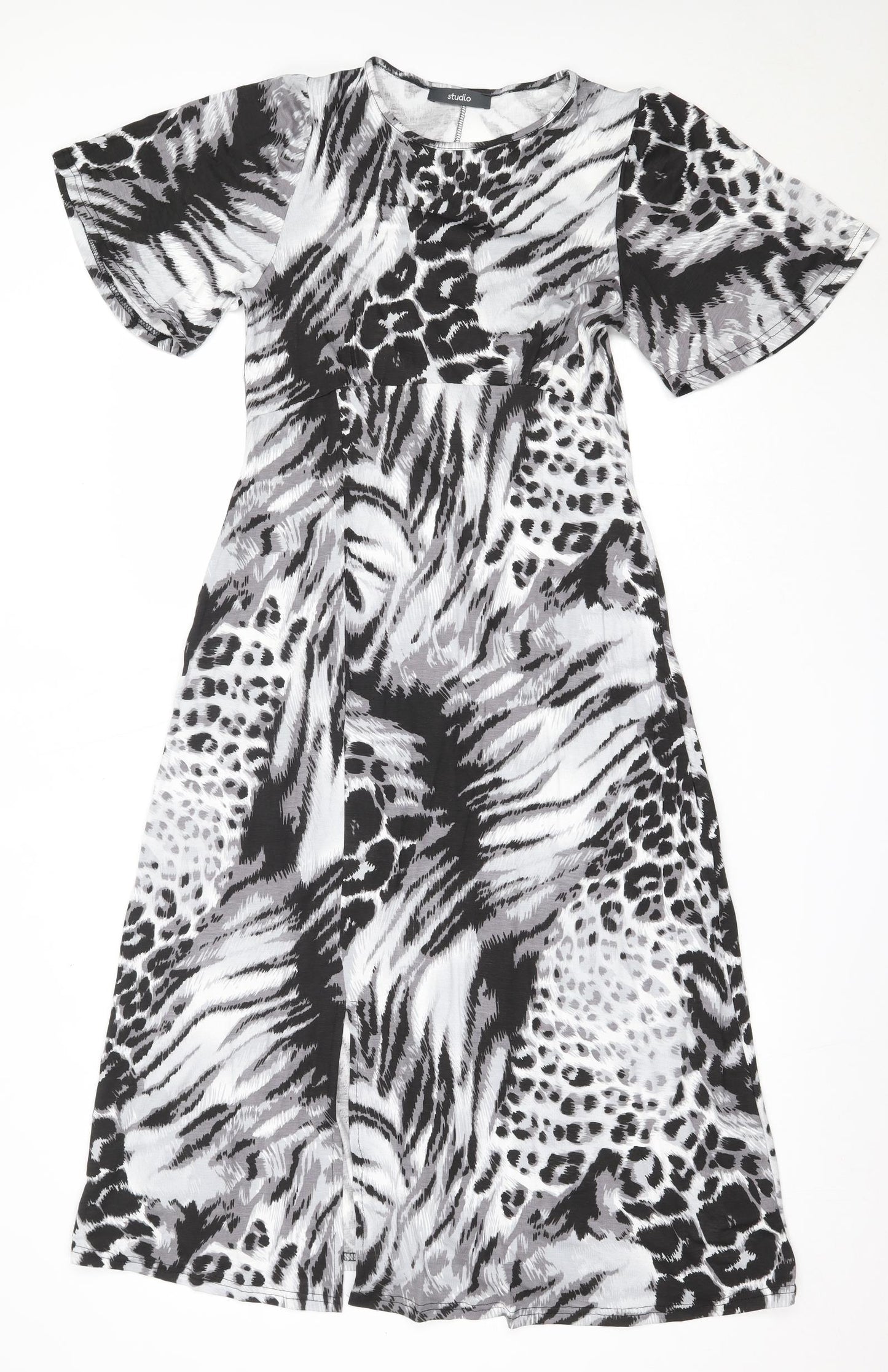 Studio Womens Black Animal Print Viscose Fit & Flare  Size 8  Round Neck