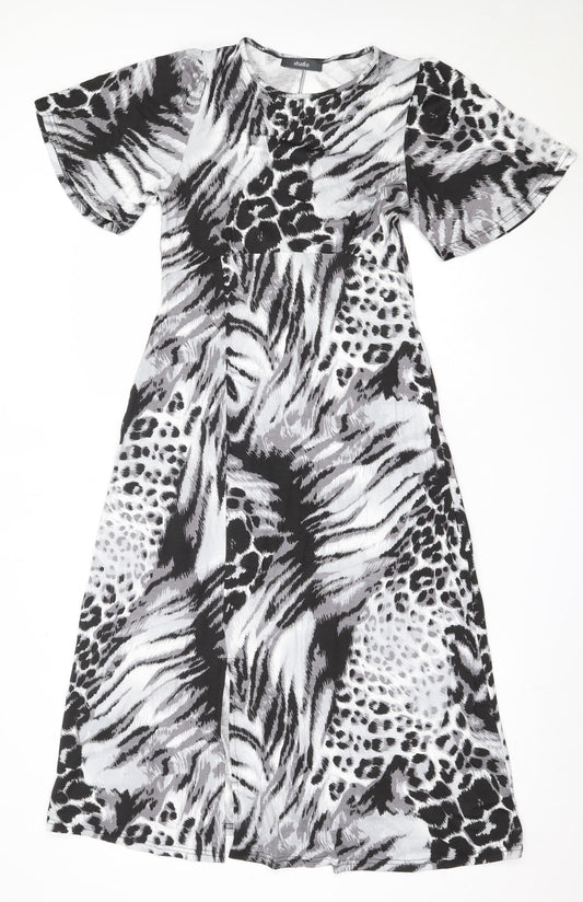 Studio Womens Black Animal Print Viscose Fit & Flare  Size 8  Round Neck