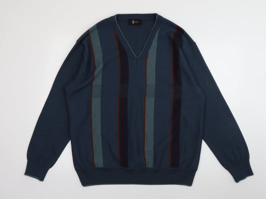 Preloved Gabicci Womens Green V-Neck Striped Wool Pullover Jumper Size XL - Front
