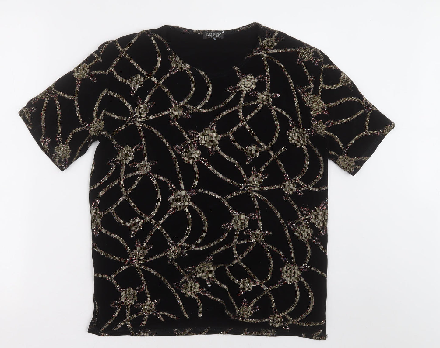 Eye Casuals Womens Black Floral Polyester Basic T-Shirt Size M Crew Neck