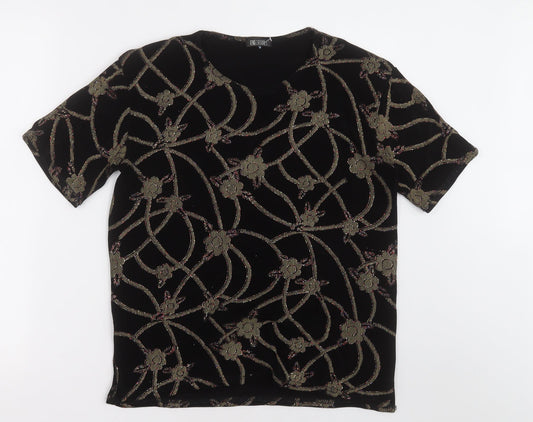Eye Casuals Womens Black Floral Polyester Basic T-Shirt Size M Crew Neck