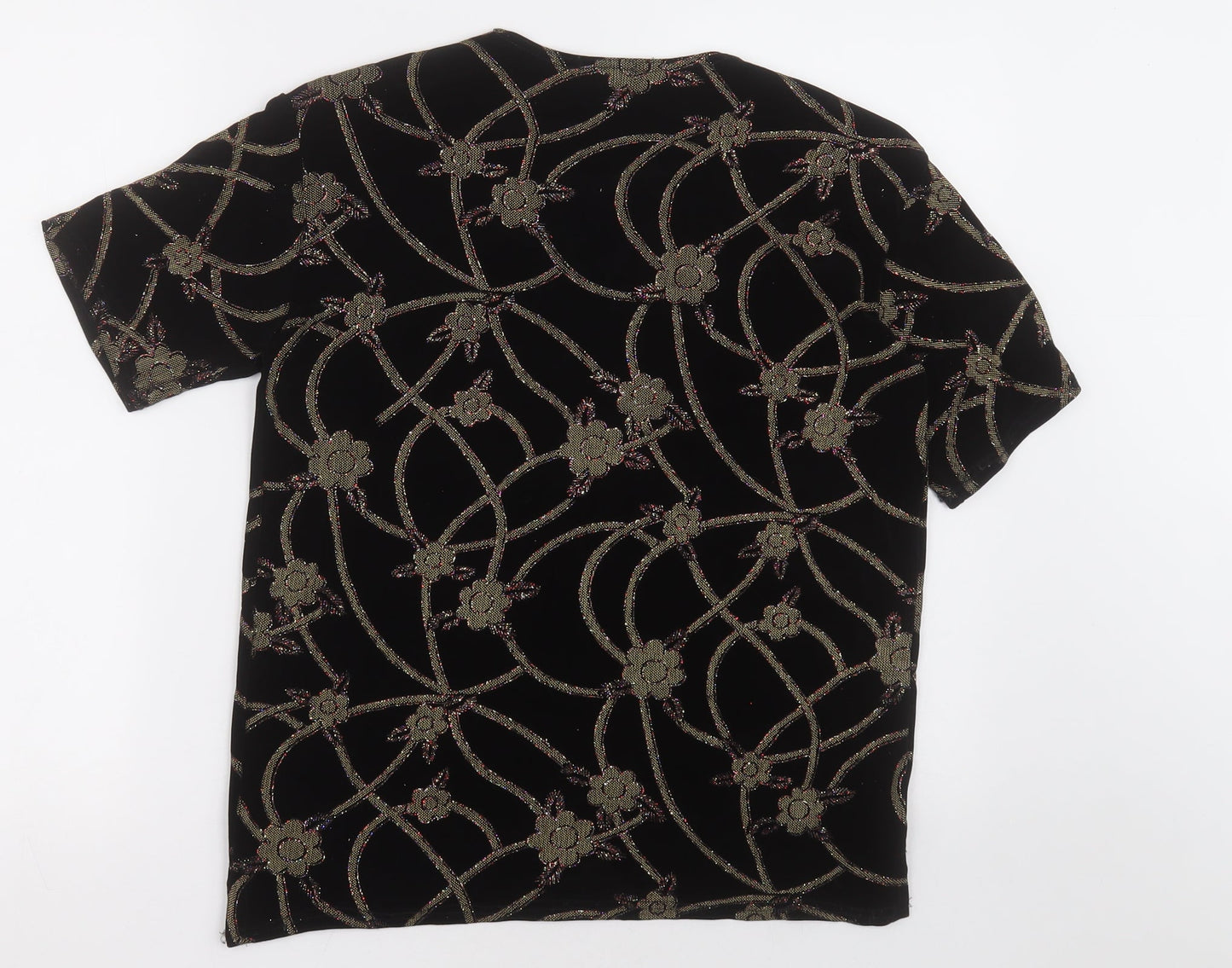 Eye Casuals Womens Black Floral Polyester Basic T-Shirt Size M Crew Neck