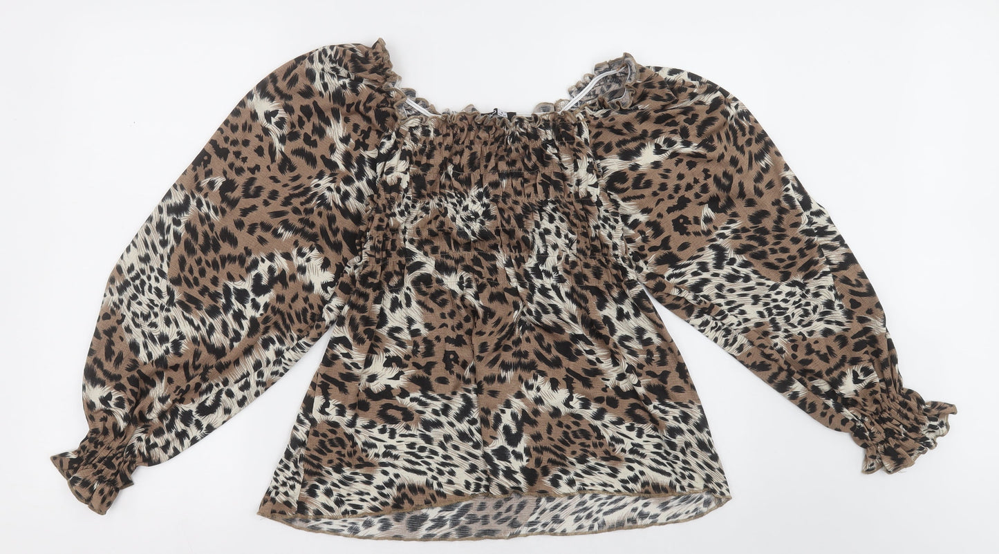 PEP&Co Womens Brown Animal Print Polyester Basic Blouse Size 8 Off the Shoulder