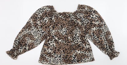 Pep&Co Womens Brown Animal Print Polyester Basic Blouse Size 8 Off the Shoulder