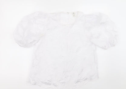 River Island Womens White Geometric Polyester Basic Blouse Size 8 Crew Neck