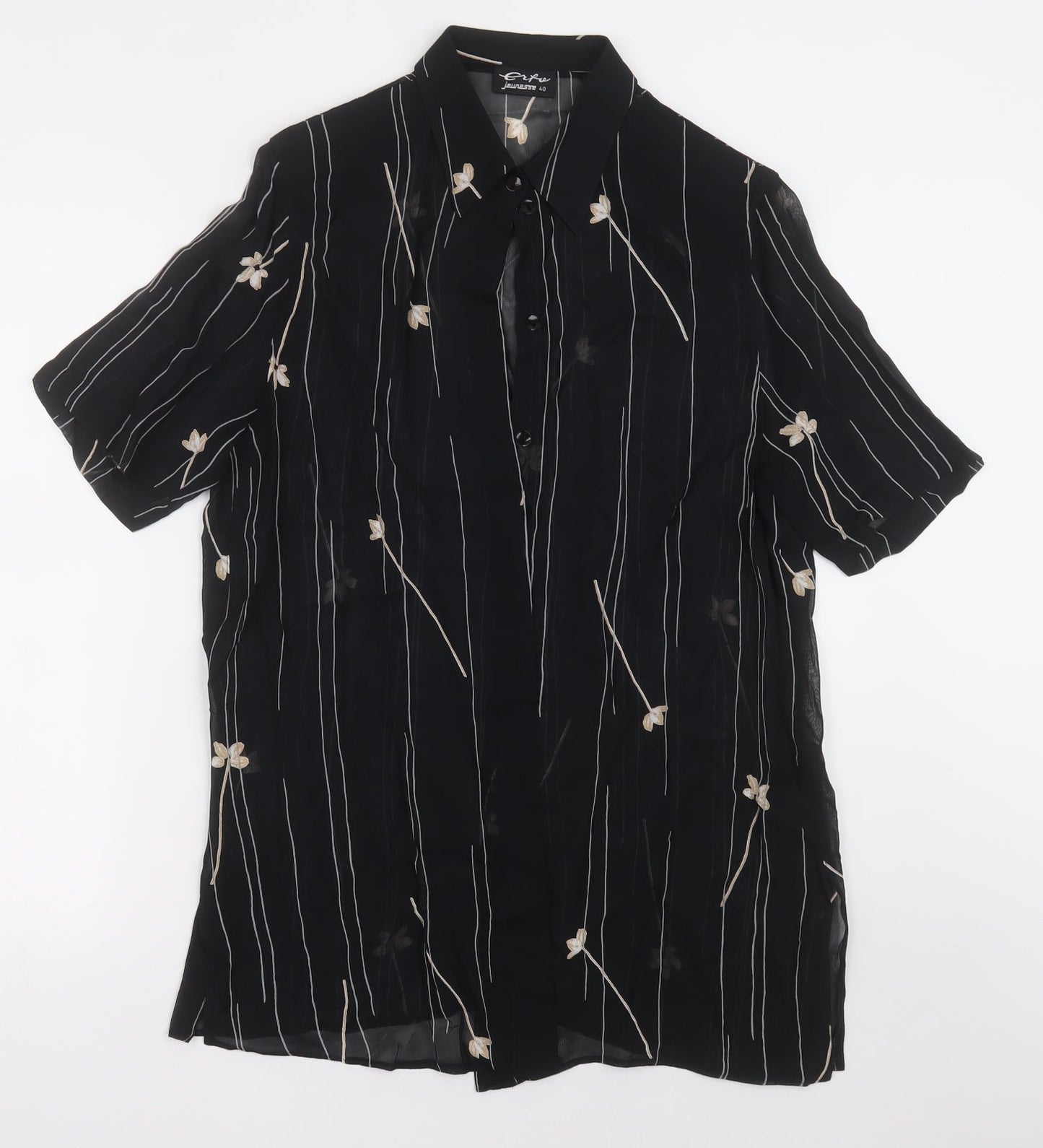Preworn Womens Black Floral Polyester Basic Button-Up Size 12 Collared