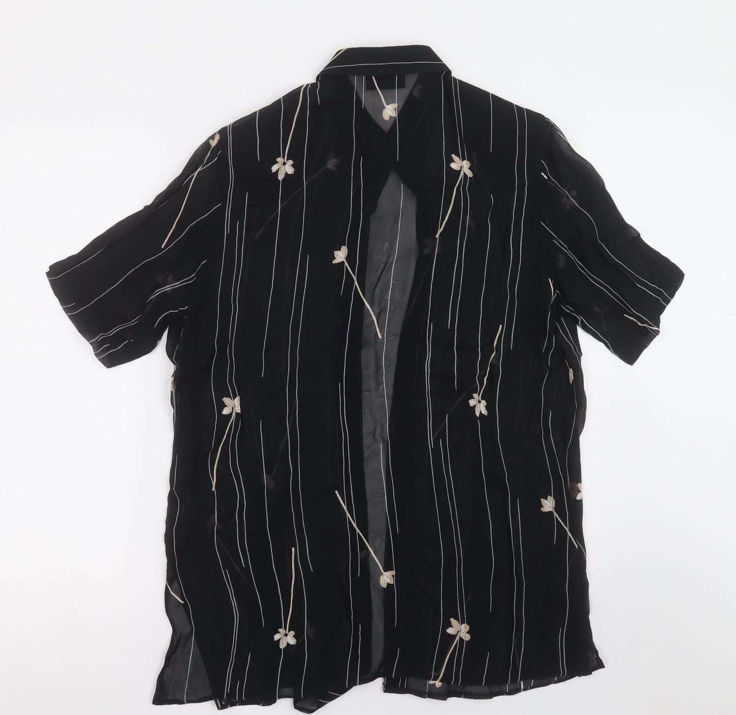 Preworn Womens Black Floral Polyester Basic Button-Up Size 12 Collared