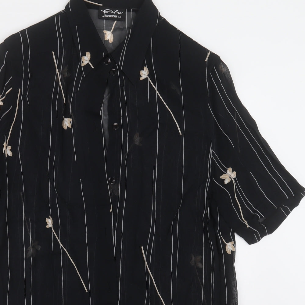 Preworn Womens Black Floral Polyester Basic Button-Up Size 12 Collared