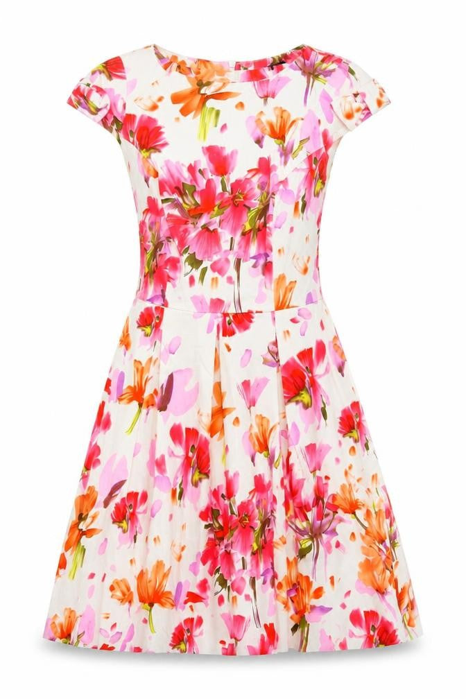 Savida Womens White Floral Cotton Fit & Flare  Size 8  Round Neck Zip