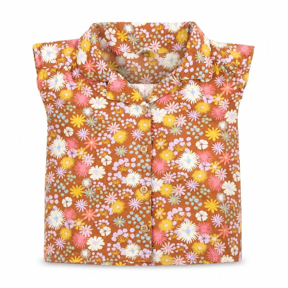 Sage x Clare Girls Brown Floral Plastic Basic Button-Up Size 3 Years Collared Button