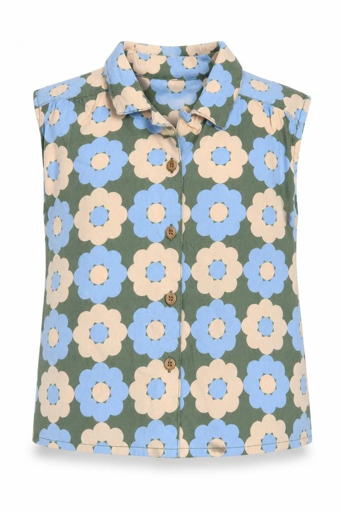 Sage x Clare Girls Green Floral Plastic Basic Button-Up Size 3 Years Collared Button