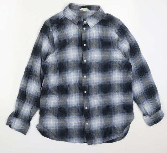 H&M Mens Blue Check Cotton  Button-Up Size S Collared Button