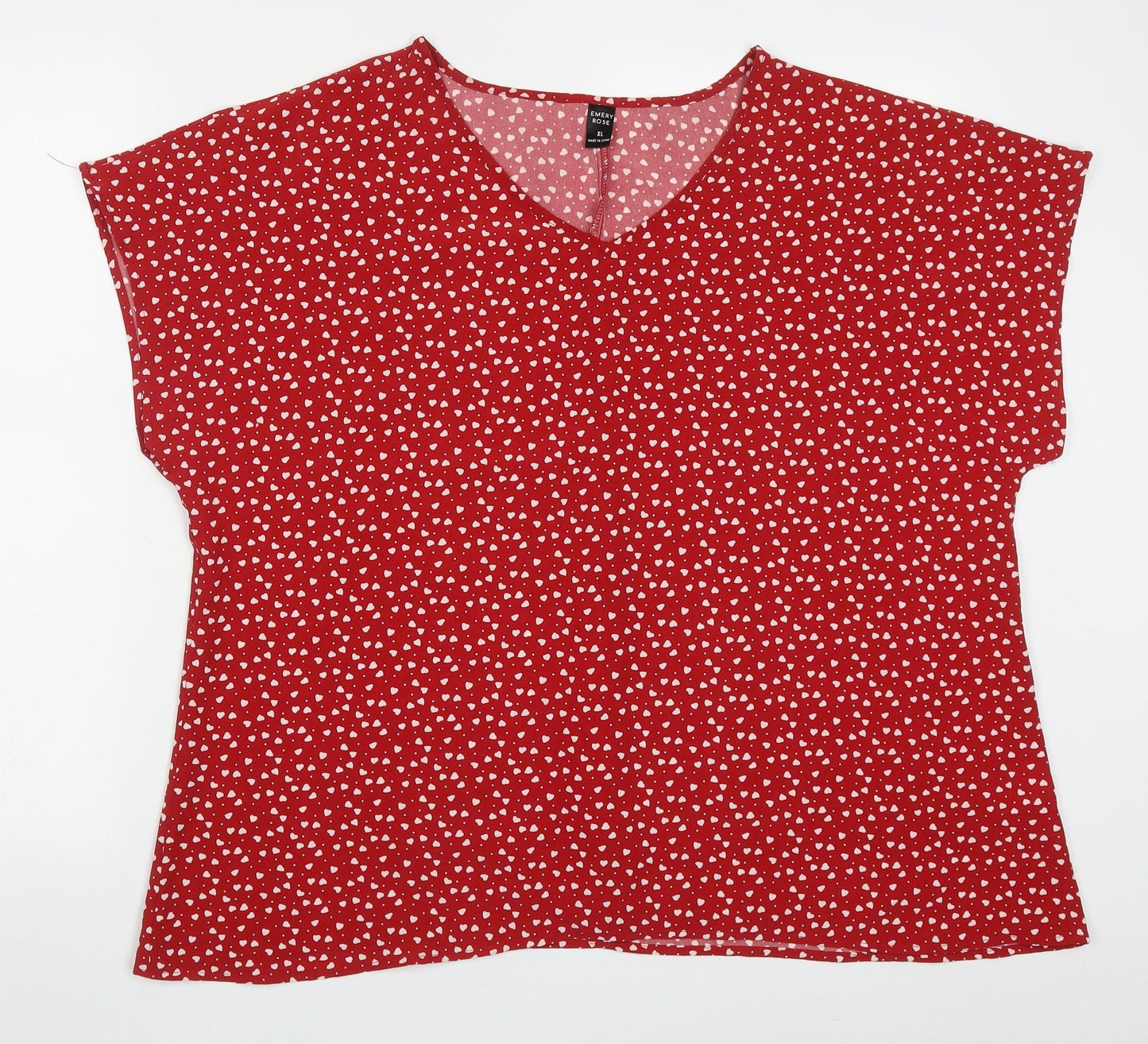 Emery Rose Womens Red  Polyester Basic Blouse Size XL V-Neck - Love Hearts