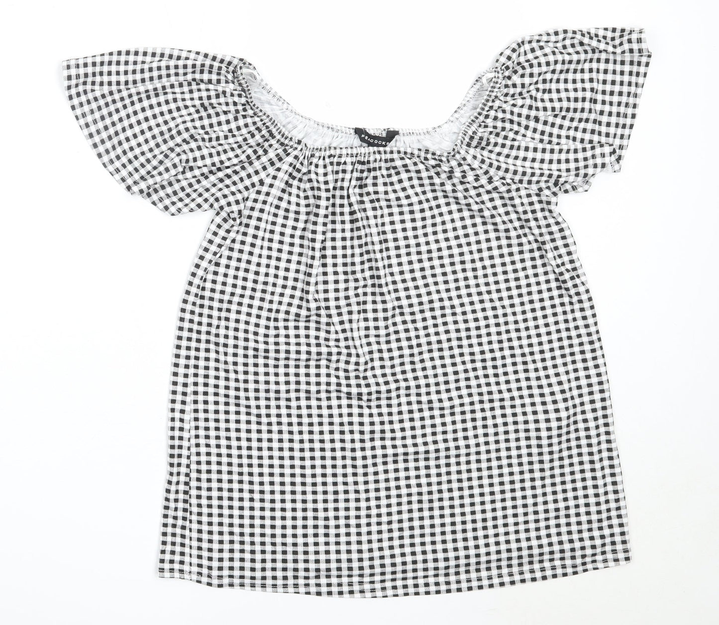 Peacocks Womens Black Check Viscose Basic Blouse Size 10 Off the Shoulder
