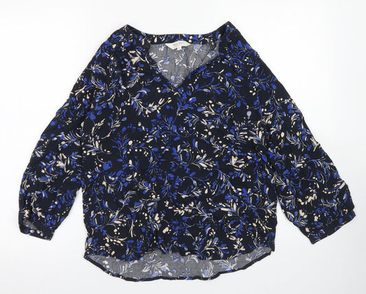 Part Two Womens Blue Floral Viscose Basic Blouse Size 6 V-Neck