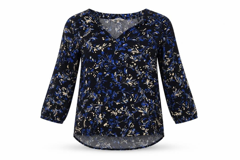 Part Two Womens Blue Floral Viscose Basic Blouse Size 6 V-Neck