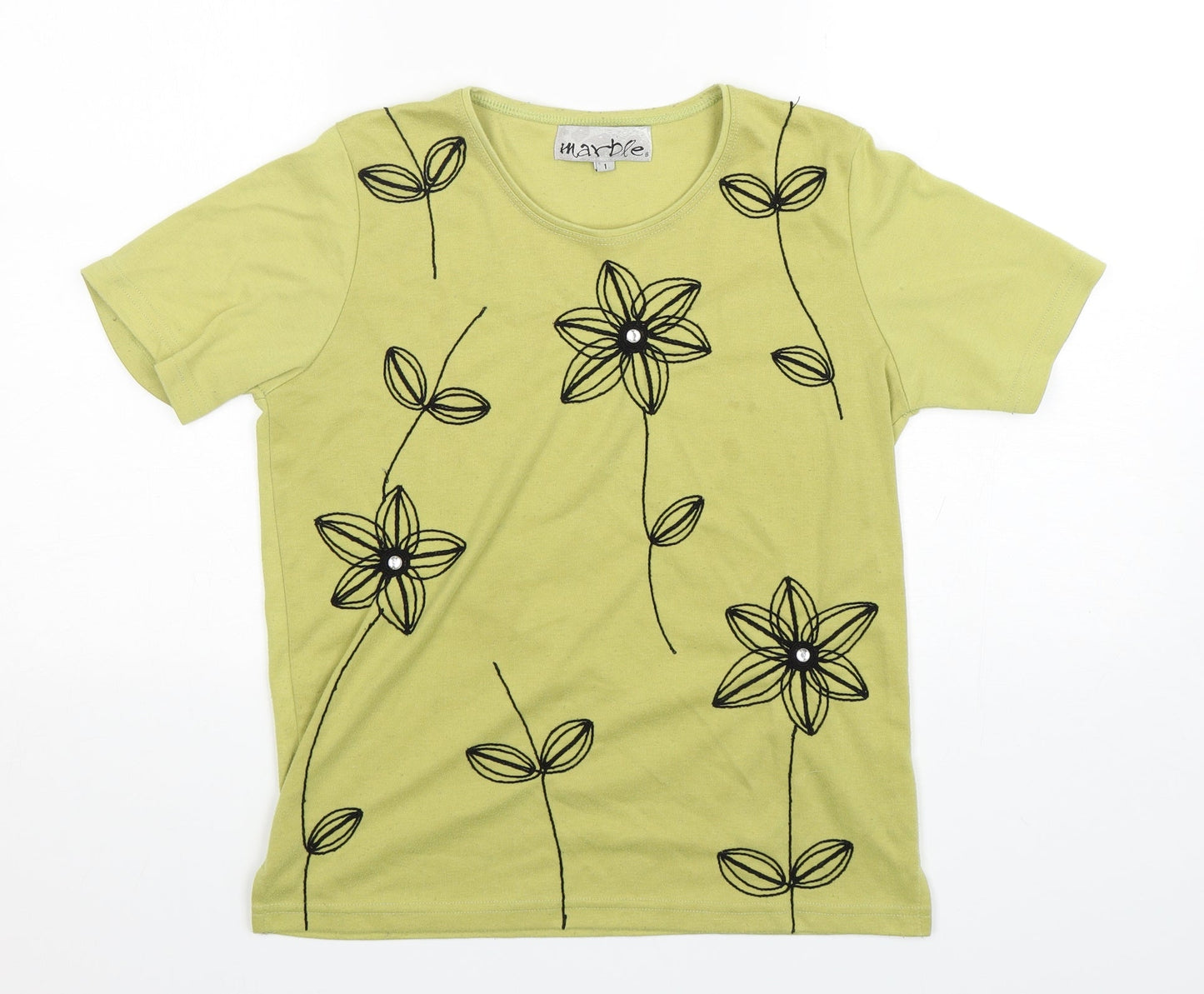 Marble Womens Green Floral Cotton Basic T-Shirt Size XS Round Neck