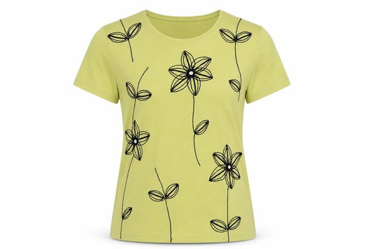 Marble Womens Green Floral Cotton Basic T-Shirt Size XS Round Neck