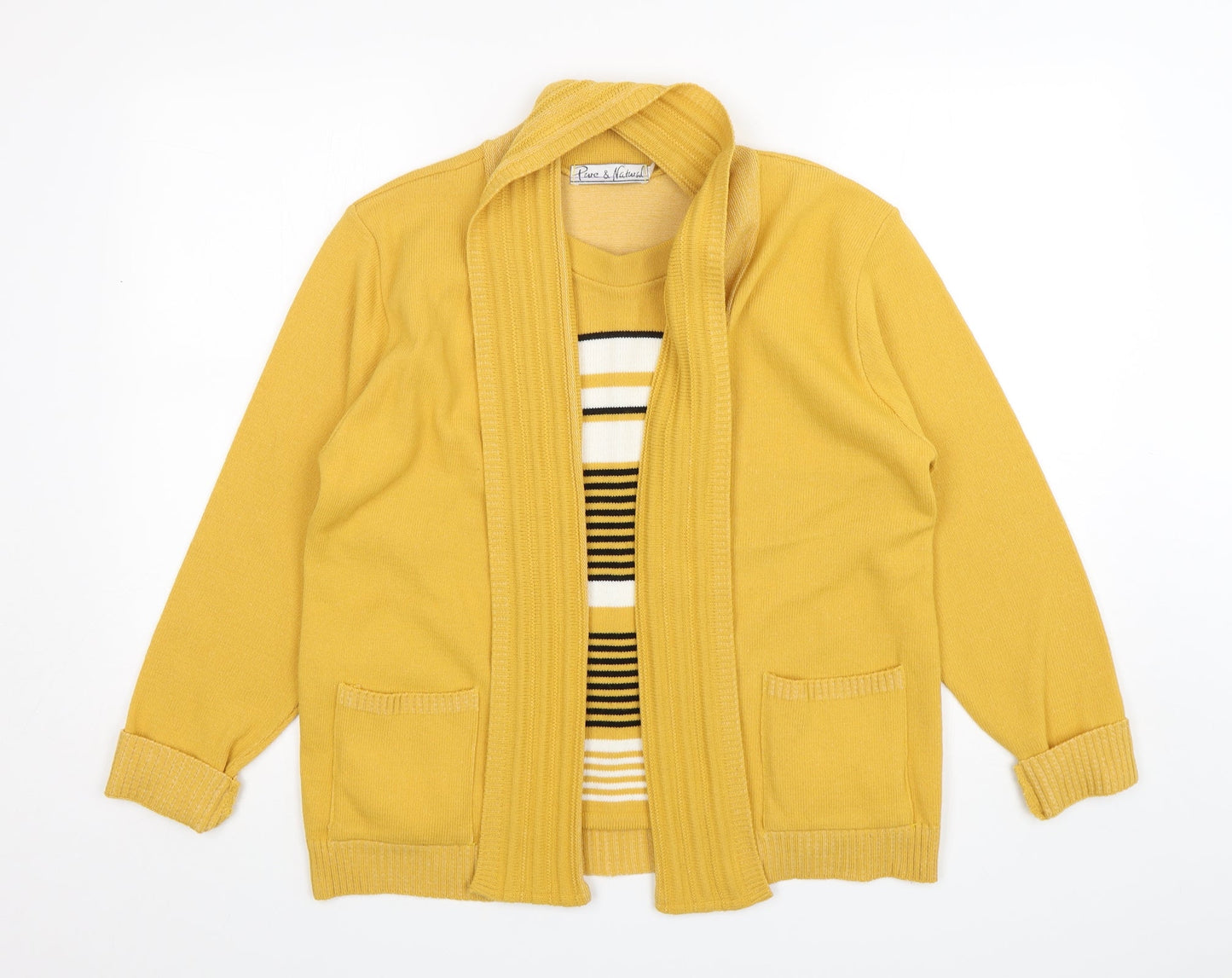 pure & natural Womens Yellow Round Neck Striped Acrylic Cardigan Jumper Size M   - Cardigan and Top All in One