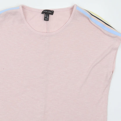 New Look Womens Pink Striped Polyester Basic T-Shirt Size S Crew Neck
