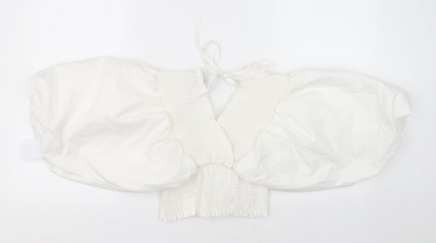 QED London Womens White  Cotton Cropped Blouse Size S V-Neck