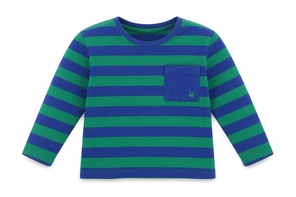 United Colours of Benetton Boys Green Striped Cotton Basic Casual Size 2-3 Years Crew Neck Pullover